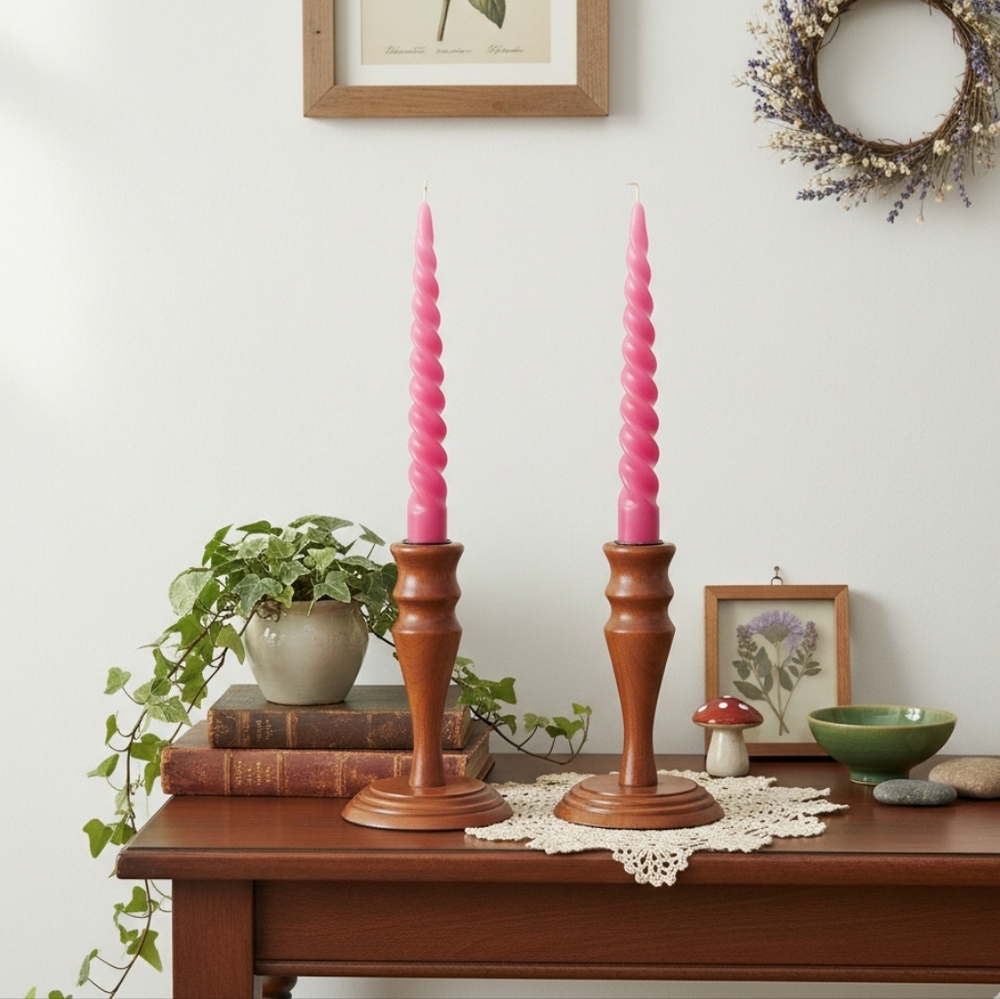 Set of Vintage Brown Wooden Taper Candle Sticks Holders MCM Farmhouse Home Decor
